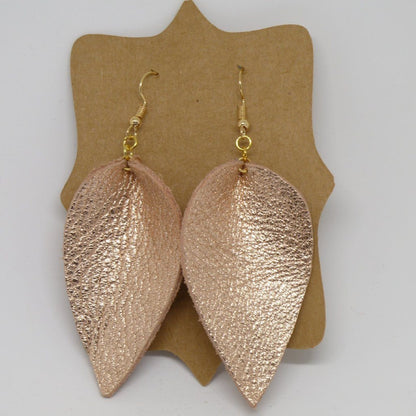 Leather - Rose Gold Teardrop Leaf Earrings